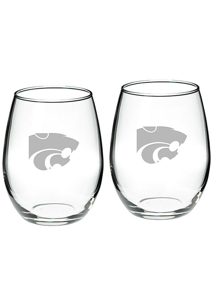 K-State Wildcats Hand Etched Crystal Set of 2 22oz Stemless Wine Glass
