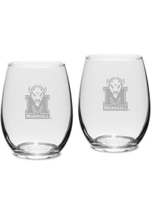 Marshall Thundering Herd Hand Etched Crystal Set of 2 15oz Stemless Wine Glass