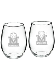 Marshall Thundering Herd Hand Etched Crystal Set of 2 22oz Stemless Wine Glass