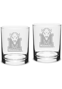 Marshall Thundering Herd Hand Etched Crystal Set of 2 14oz Double Old Fashioned Rock Glass