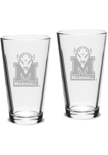 Marshall Thundering Herd Hand Etched Crystal Set of 2 16oz Pub Pint Glass
