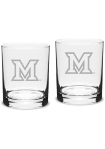 Miami RedHawks Hand Etched Crystal Set of 2 14oz Double Old Fashioned Rock Glass
