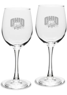Ohio Bobcats Hand Etched Crystal Set of 2 12oz Wine Glass