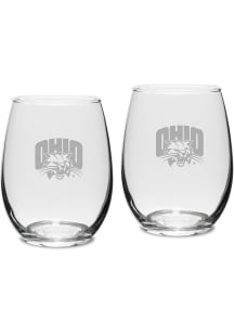 Ohio Bobcats Hand Etched Crystal Set of 2 15oz Stemless Wine Glass