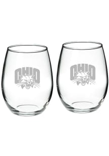 Ohio Bobcats Hand Etched Crystal Set of 2 22oz Stemless Wine Glass