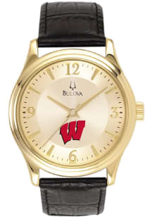 Jardine Associates Wisconsin Badgers Bulova Gold and Leather Mens Watch