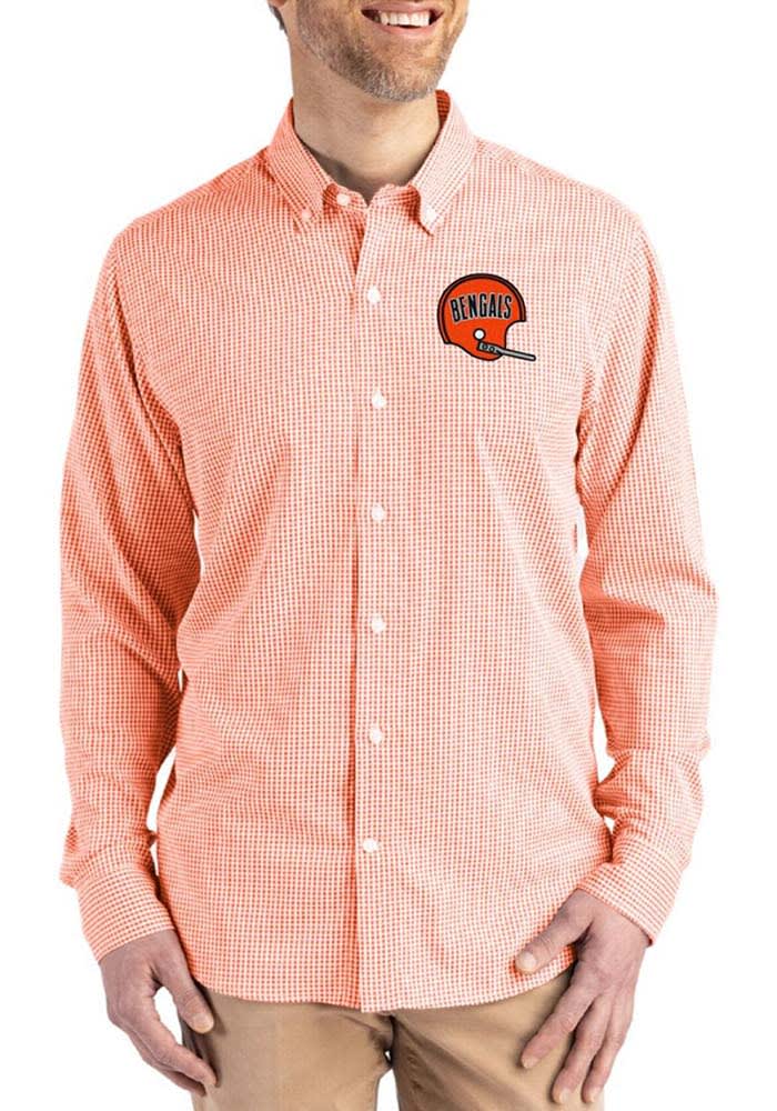 bengals dress shirt Cutter & Buck Cincinnati Bengals Historic Skyline Recycled Gingham Mens Big & Tall Long Sleeve Button Down Dress Shirt in College Orange/White