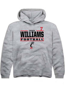 Chance Williams Rally Youth Grey Cincinnati Bearcats NIL Stacked Box Long Sleeve Player Hoodie