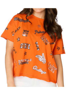 Oklahoma State Cowboys Womens Orange Sequin Boxy Short Sleeve T-Shirt