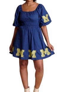 Womens Blue Michigan Wolverines Puff Sleeve Sequin Short Sleeve Dress