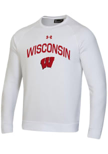 Mens Wisconsin Badgers White Under Armour All Day Fleece Crew Sweatshirt