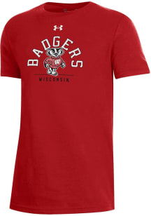 Youth Wisconsin Badgers Red Under Armour Arch Mascot Short Sleeve T-Shirt