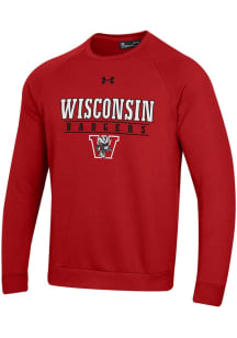 Mens Wisconsin Badgers Red Under Armour Flat Name Logo All Day Crew Sweatshirt