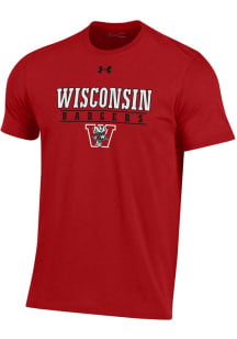 Wisconsin Badgers Red Under Armour Flat Name Logo Short Sleeve T Shirt