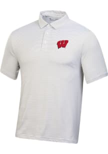 Under Armour Wisconsin Badgers Mens White Primary Logo T2 Stripe Short Sleeve Polo