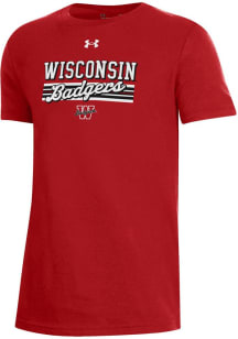 Youth Wisconsin Badgers Red Under Armour Stripe Logo Short Sleeve T-Shirt