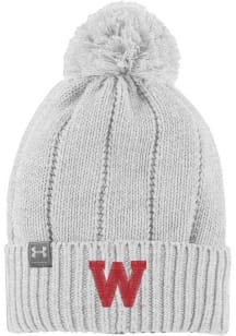 Wisconsin Badgers Under Armour Women's POM Beanie Design Womens Knit Hat - Grey