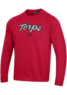 Mens Maryland Terrapins Red Under Armour All Day Metallic Script Crew Sweatshirt