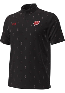 Mens Wisconsin Badgers Black Under Armour Sideline Printed Short Sleeve Polo Shirt