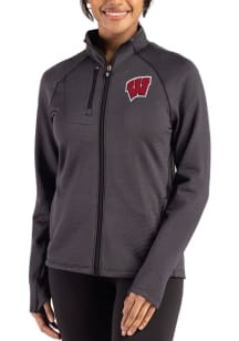 Womens Wisconsin Badgers Black Cutter and Buck Peshastin Long Sleeve Full Zip Jacket