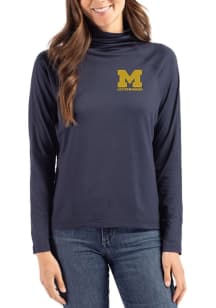 Womens Michigan Wolverines Blue Cutter and Buck Letterwinners M Club Coastline Eco Funnel Neck Cre..