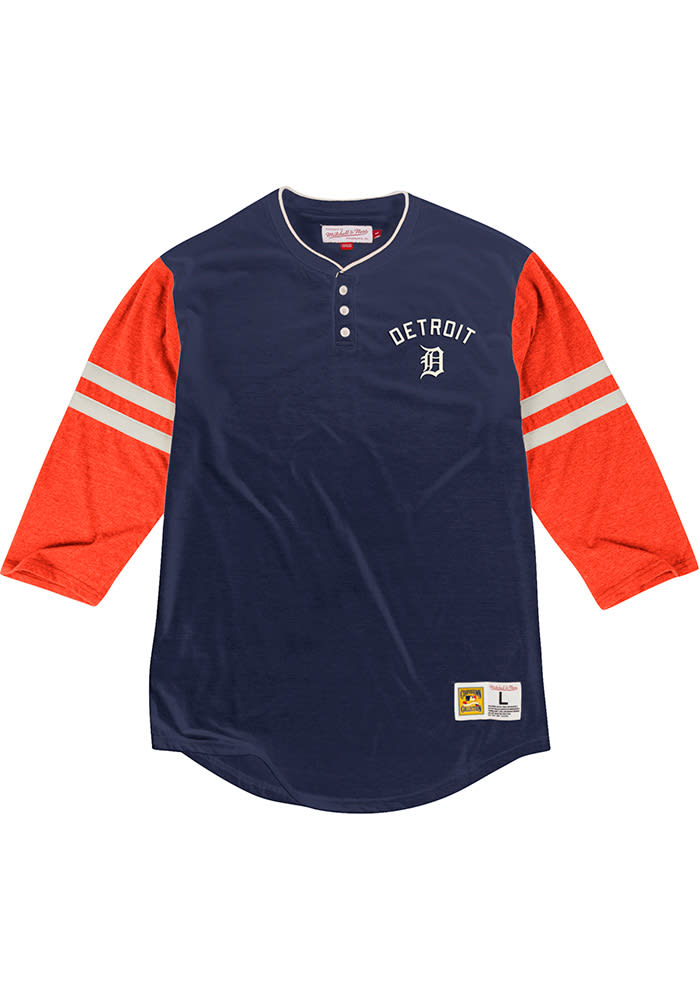 Mitchell and Ness Detroit Tigers Navy Blue Home Stretch Long Sleeve Fashion T Shirt
