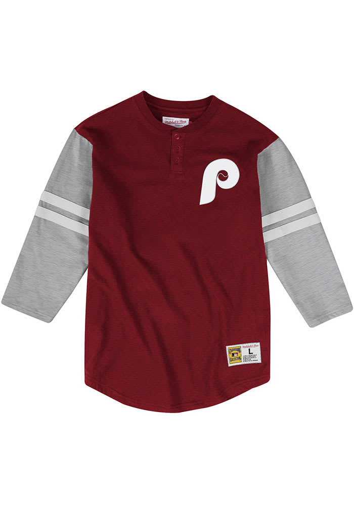 Mitchell and Ness Philadelphia Phillies Maroon Henley Long Sleeve Fashion T Shirt