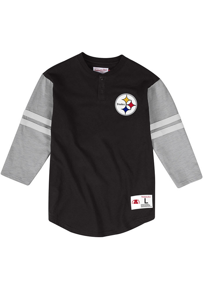 Mitchell and Ness Pittsburgh Steelers Black Team Henley Long Sleeve Fashion T Shirt