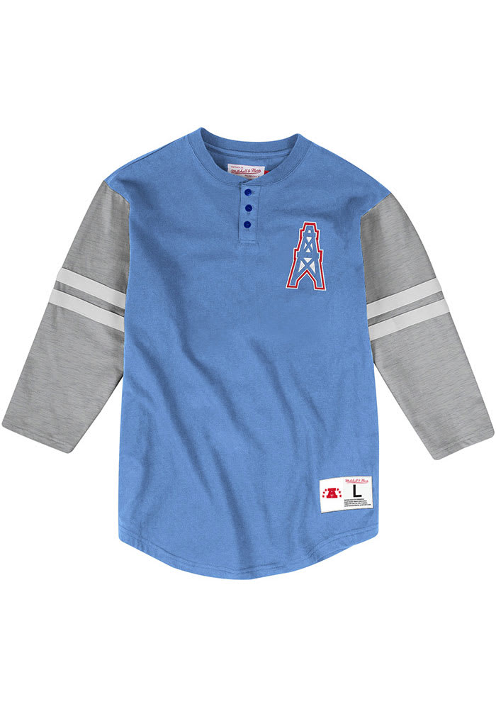 Mitchell and Ness Houston Oilers Blue Henley Long Sleeve Fashion T Shirt