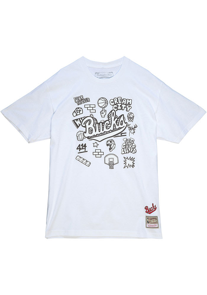 Mitchell and Ness Milwaukee Bucks White Doodle Short Sleeve Fashion T Shirt