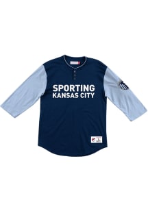 Mitchell and Ness Sporting Kansas City Navy Blue Henley Long Sleeve Fashion T Shirt