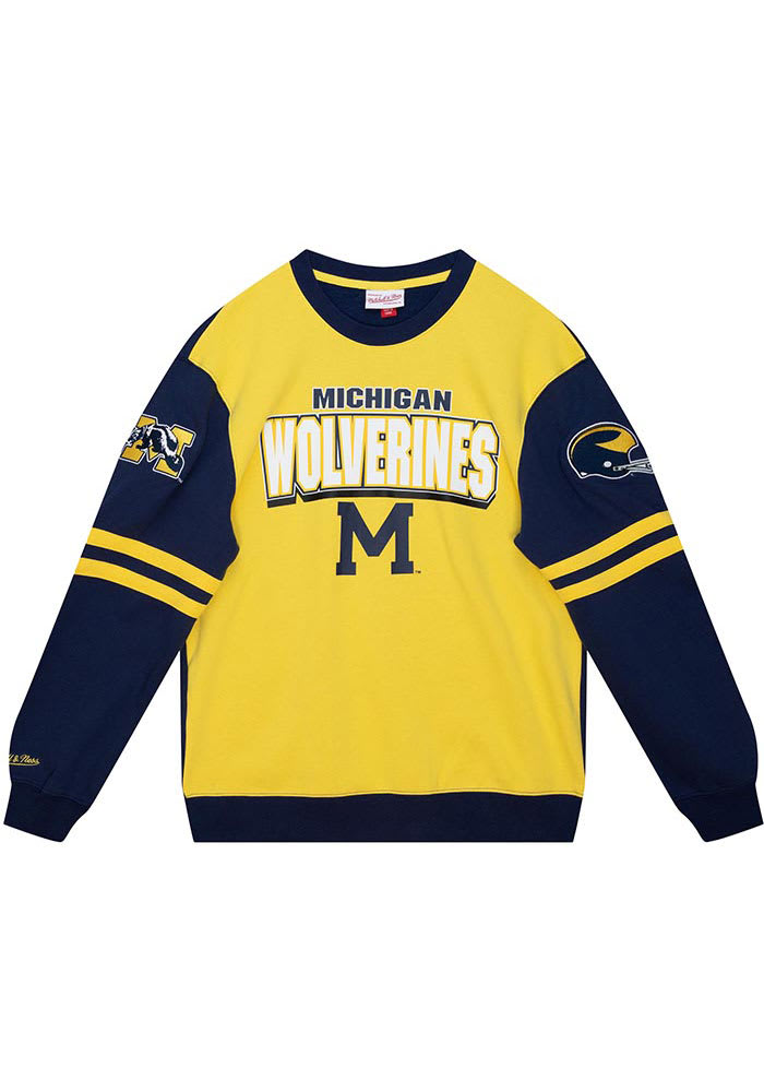 Mitchell and Ness Michigan Wolverines Mens Yellow All Over Long Sleeve Fashion Sweatshirt