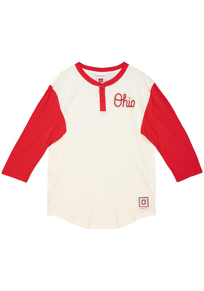 Mitchell and Ness Ohio State Buckeyes White Icon Henley Long Sleeve Fashion T Shirt