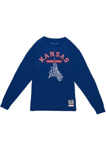 Mitchell and Ness Kansas Jayhawks Blue Cut The Net Long Sleeve T Shirt
