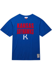 Mitchell and Ness Kansas Jayhawks Blue Legendary Slub Stacked Short Sleeve Fashion T Shirt