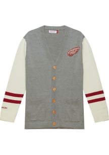 Mitchell and Ness Detroit Red Wings Mens Grey Cardigan Long Sleeve Sweater