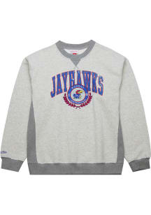 Mitchell and Ness Kansas Jayhawks Mens Grey Premium Fleece Vintage Logo Long Sleeve Fashion Swea..