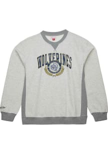 Mitchell and Ness Michigan Wolverines Mens Grey Premium Fleece Vintage Logo Long Sleeve Fashion ..