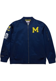 Mitchell and Ness Michigan Wolverines Mens Navy Blue Satin Bomber Vintage Logo Light Weight Jack..