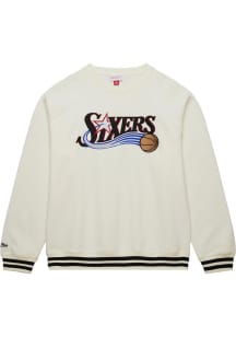Mitchell and Ness Philadelphia 76ers Mens White Heritage Fleece Vintage Logo Long Sleeve Fashion..