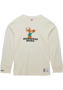 Mitchell and Ness Milwaukee Bucks White Heritage Slub Vintage Logo Long Sleeve Fashion T Shirt