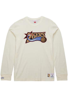 Mitchell and Ness Philadelphia 76ers White Heritage Slub Vintage Logo Long Sleeve Fashion T Shir..