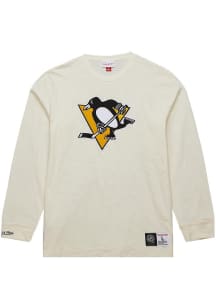 Mitchell and Ness Pittsburgh Penguins White Heritage Slub Vintage Logo Long Sleeve Fashion T Shi..