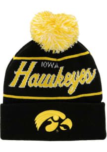 Mitchell and Ness Iowa Hawkeyes Black Script Pom Beanie Mens Knit Hat