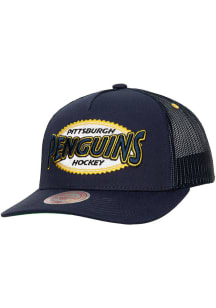 Mitchell and Ness Pittsburgh Penguins Team Seal Trucker Adjustable Hat - Navy Blue