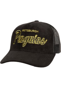 Mitchell and Ness Pittsburgh Penguins Times Up Corduroy Trucker Adjustable Hat - Black