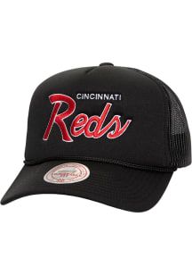 Mitchell and Ness Cincinnati Reds Script Trucker Adjustable Hat - Black