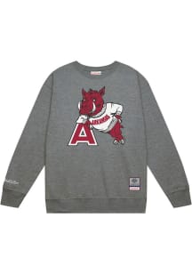 Mitchell and Ness Arkansas Razorbacks Mens Grey Down To The Wire Vintage Logo Long Sleeve Crew Swe..