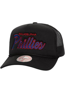 Mitchell and Ness Philadelphia Phillies Script Trucker Adjustable Hat - Black