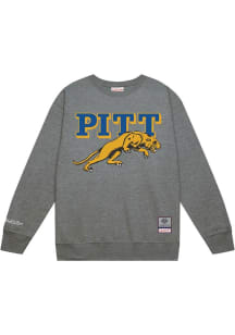 Mens Pitt Panthers Grey Mitchell and Ness Down To The Wire Vintage Logo Crew Sweatshirt